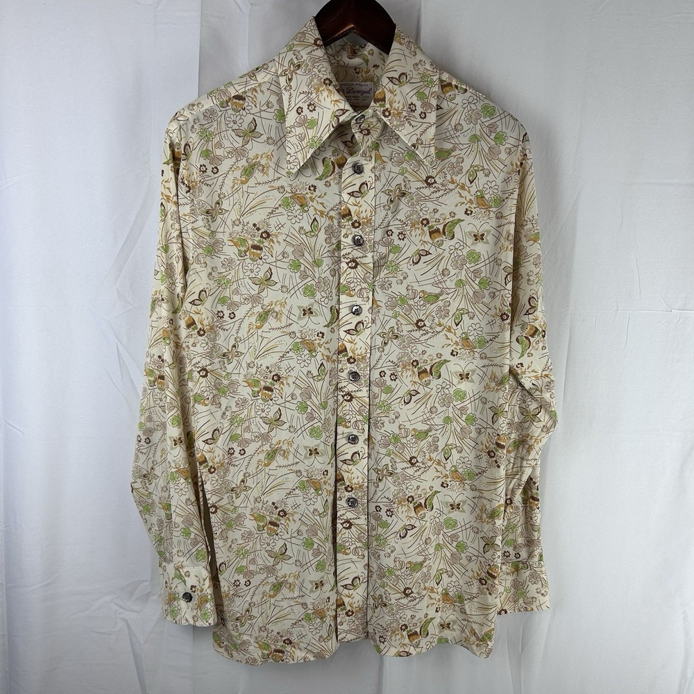 Vintage 1970s Donegal Never Press Spear Point Long Sleeve Shirt‎ Large Bird AOP